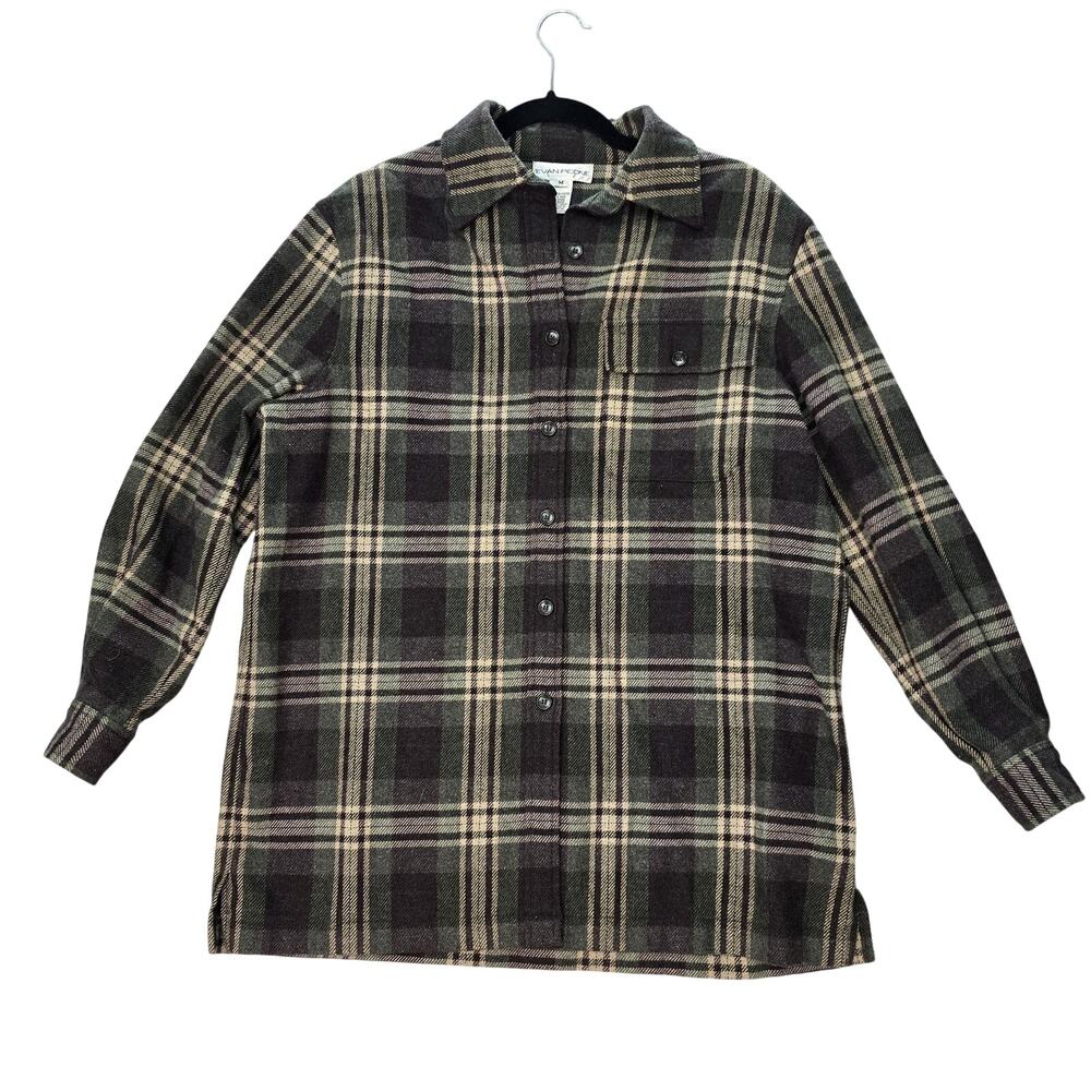 Evan-Picone Shirt Jacket Shacket Womens Medium Plaid Wool Elbow Patch Flannel